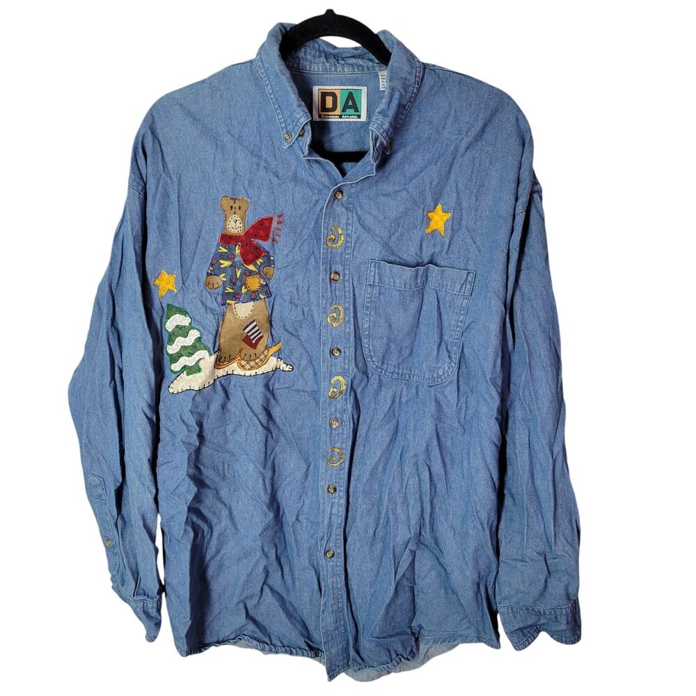 Dominion Apparel Womens Sz L Blue Solid Long Sleeve Embroidered Denim Shirt